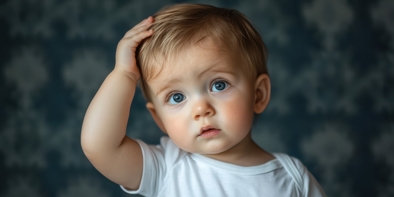 Curious toddler looks up with wonder while touching his head in a softly lit room